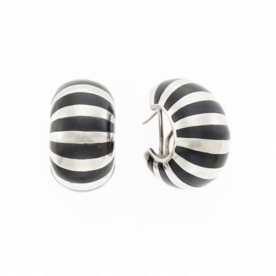 Lot 1035 - Tiffany & Co. Pair of Silver and Black Enamel Bombé Hoop Earrings