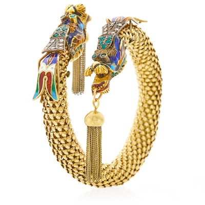 Lot 1144 - Gold, Silver, Enamel, Diamond and Green Onyx Dragon Fringe Crossover Bracelet