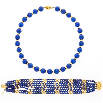 Lot 1154 - Lapis and Gold Bead Necklace and Multistrand Bracelet
