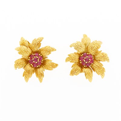 Lot 1001 - Tiffany & Co. Pair of Gold and Ruby Flower Earclips