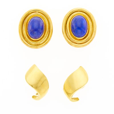 Lot 1077 - Pair of Gold and Lapis Earclips and Gold Earclips