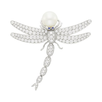 Lot 122 - Tiffany & Co. Platinum, Diamond, South Sea Cultured Pearl and Sapphire Dragonfly Brooch