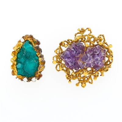 Lot 1089 - Gold and Drusy Amethyst Brooch and Synthetic Emerald Crystal Ring