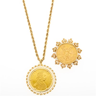 Lot 1238 - Gold and Gold Coin Pendant with Long Gold Chain Necklace and Gold Peso Coin and Cultured Pearl Pendant