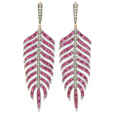 Lot 1075 - Pair of Blackened Silver, Ruby and Diamond Feather Pendant-Earrings