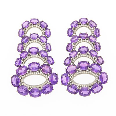 Lot 1072 - Pair of Silver, Amethyst and Diamond Pendant-Earrings