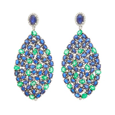 Lot 1066 - Pair of Silver, Emerald, Sapphire and Diamond Pendant-Earrings