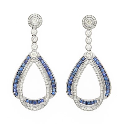 Lot 1061 - Pair of Silver, Diamond and Sapphire Pendant-Earrings