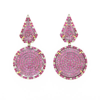 Lot 1146 - Pair of Silver, Rock Crystal, Ruby and Diamond Pendant-Earrings