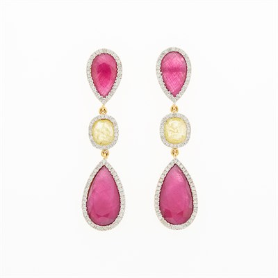 Lot 1113 - Pair of Two-Color Gold, Ruby, Colored Diamond and Diamond Pendant-Earrings