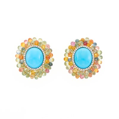 Lot 1100 - Pair of Gold, Treated Turquoise, Multicolored Sapphire Briolette and Diamond Earrings