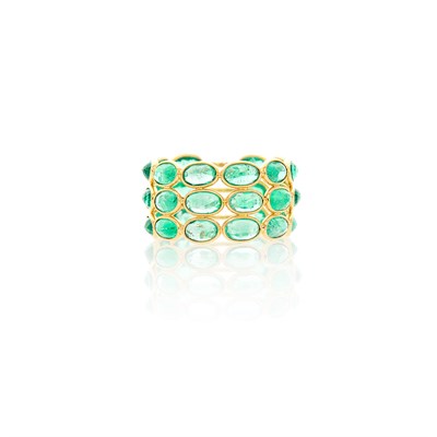 Lot 1245 - Three Row Gold and Emerald Band Ring