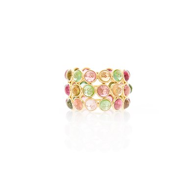 Lot 1155 - Three Row Gold and Cabochon Multicolored Tourmaline Band Ring