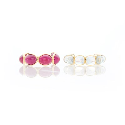 Lot 1131 - Gold and Moonstone Band Ring and Cabochon Ruby Band Ring