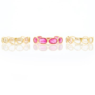 Lot 1123 - Gold and Sliced Ruby Band Ring and Two Sliced Diamond Band Rings