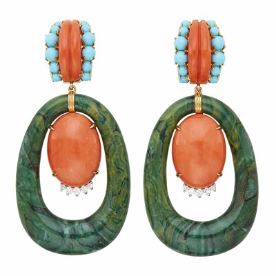 Lot 146 - Pair of Gold, Coral, Green Agate, Turquoise and Diamond Pendant-Earclips