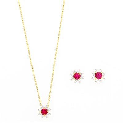 Lot 1125 - Pair of Gold, Ruby and Diamond Flower Earrings and Pendant-Necklace