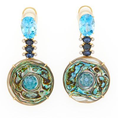 Lot 1092 - Pair of Gold, Abalone Shell, Blue Topaz, Sapphire and Diamond Pendant-Earrings