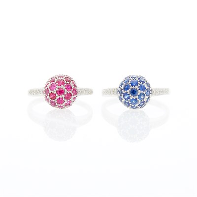 Lot 1121 - Two White Gold, Sapphire, Ruby and Diamond Ball Rings