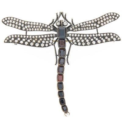 Lot 2089 - Silver, Diamond, Garnet and Black Stone Dragonfly Brooch