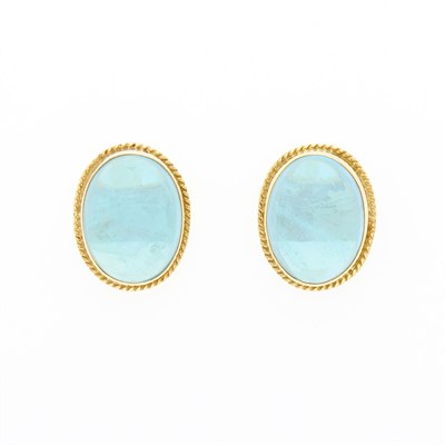 Lot 112 - Pair of Gold and Cabochon Blue Topaz Earclips
