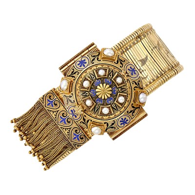 Lot 97 - Antique Gold, Enamel and Split Pearl Slide Fringe Bracelet-Watch