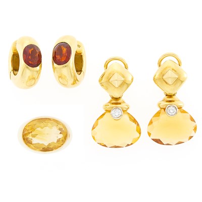 Lot 1264 - Two Pairs of Gold, Citrine and Diamond Earrings and Ring