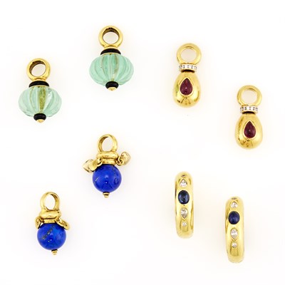 Lot 1249 - Pair of Gold, Cabochon Sapphire and Diamond Hoop Earrings with Three Pairs of Interchangeable Gem-Set Pendants
