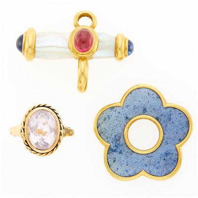Lot 1041 - Two Gold, Hardstone, Freshwater Pearl and Gem-Set Pendants and Gold and Rose Quartz Ring