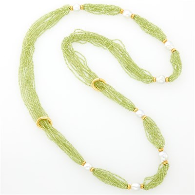 Lot 1029 - Multistrand Green Quartz Bead, Gold and Baroque Cultured Pearl Necklace