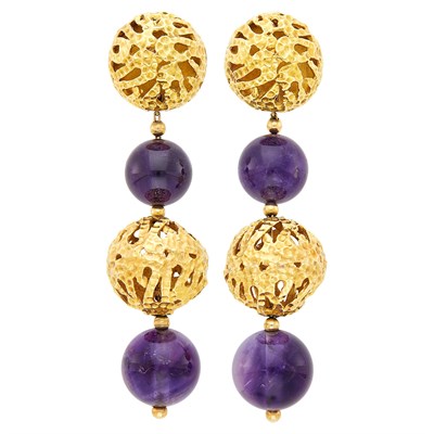 Lot 69 - Van Cleef & Arpels Pair of Gold and Amethyst Bead Pendant-Earclips