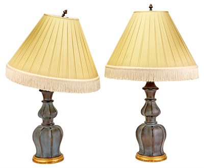 Lot 218 - Pair of Faux Bronze Ceramic Lamps With fabric...