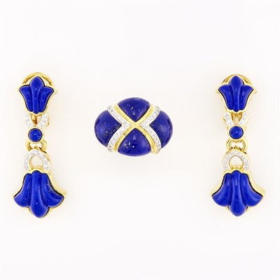 Lot 1128 - Pair of Gold, Lapis and Diamond Pendant-Earclips and Ring
