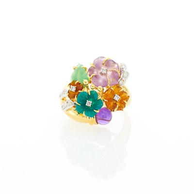 Lot 1027 - Two-Color Gold, Diamond and Carved Colored Stone Flower Ring