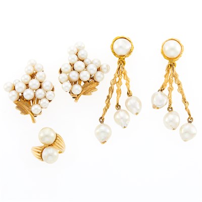 Lot 1279 - Pair of Gold and Cultured Pearl Grape Earclips and Bypass Ring and Silver-Gilt and Baroque Cultured Pearl Pendant-Earclips