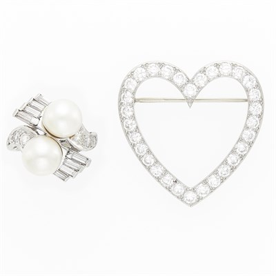 Lot 1200 - Platinum and Diamond Heart Brooch and Cultured Pearl and Diamond Ring