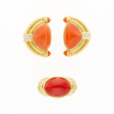 Lot 1116 - Pair of Gold, Coral and Diamond Earrings and Ring