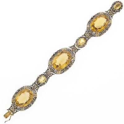 Lot 1213 - Antique Silver, Gold, Citrine and Diamond Bracelet