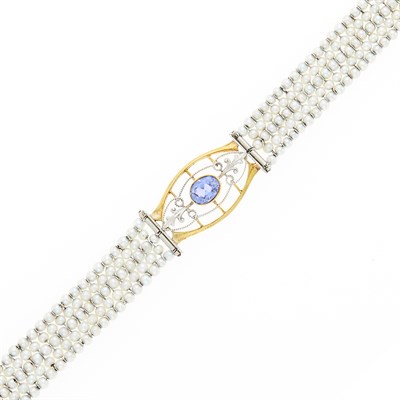 Lot 1216 - Platinum, Gold, Purple Sapphire, Diamond and Pearl Bracelet