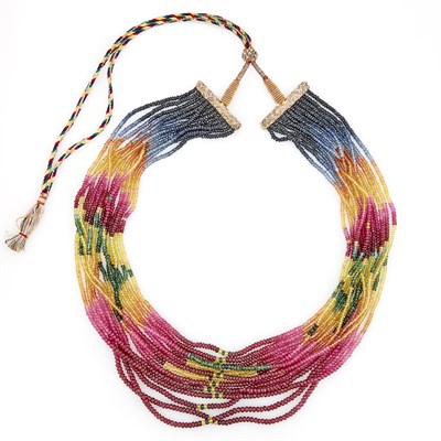 Lot 1140 - Thirteen Strand Multicolored Sapphire, Ruby and Emerald Bead Necklace with Cord