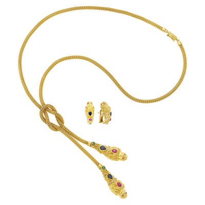 Lot 134 - Gold, Colored Stone and Diamond Lariat Mesh Necklace and Pair of Half-Hoop Earrings
