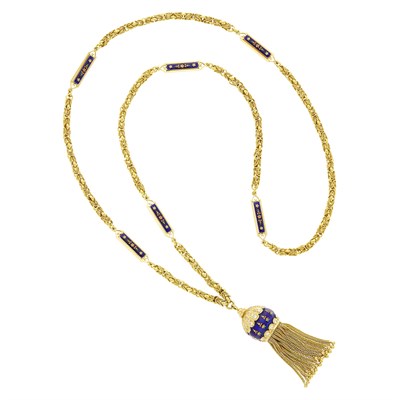 Lot 107 - Gold, Diamond and Enamel Pendant Tassle Chain Necklace