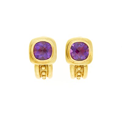 Lot 1040 - Pair of Gold and Amethyst Earrings