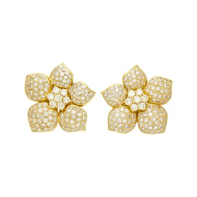 Lot 111 - Pair of Gold and Diamond Flower Earrings