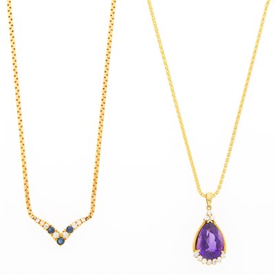 Lot 1107 - Gold, Amethyst and Diamond Pendant-Necklace and Gold, Sapphire and Simulated Diamond Necklace