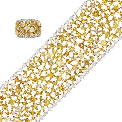 Lot 32 - Wide Two-Color Gold, Multicolored Diamond and Diamond Bracelet and Ring