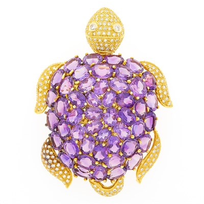 Lot 1102 - Gold, Amethyst and Diamond Turtle Brooch