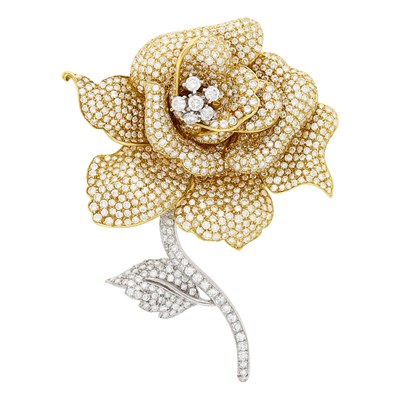 Lot 33 - Two-Color Gold and Diamond 'En Tremblant' Rose Clip-Brooch