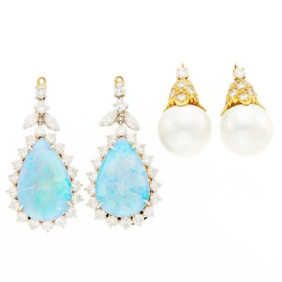 Lot 1046 - Pair of Gold, South Sea Cultured Pearl Ear Pendants and Pair of White Gold, Opal and Diamond Ear Pendants