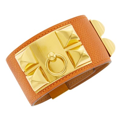 Lot 5 - Hermès Paris Leather and Gold-Tone Metal 'Collier de Chien' Cuff Bracelet
